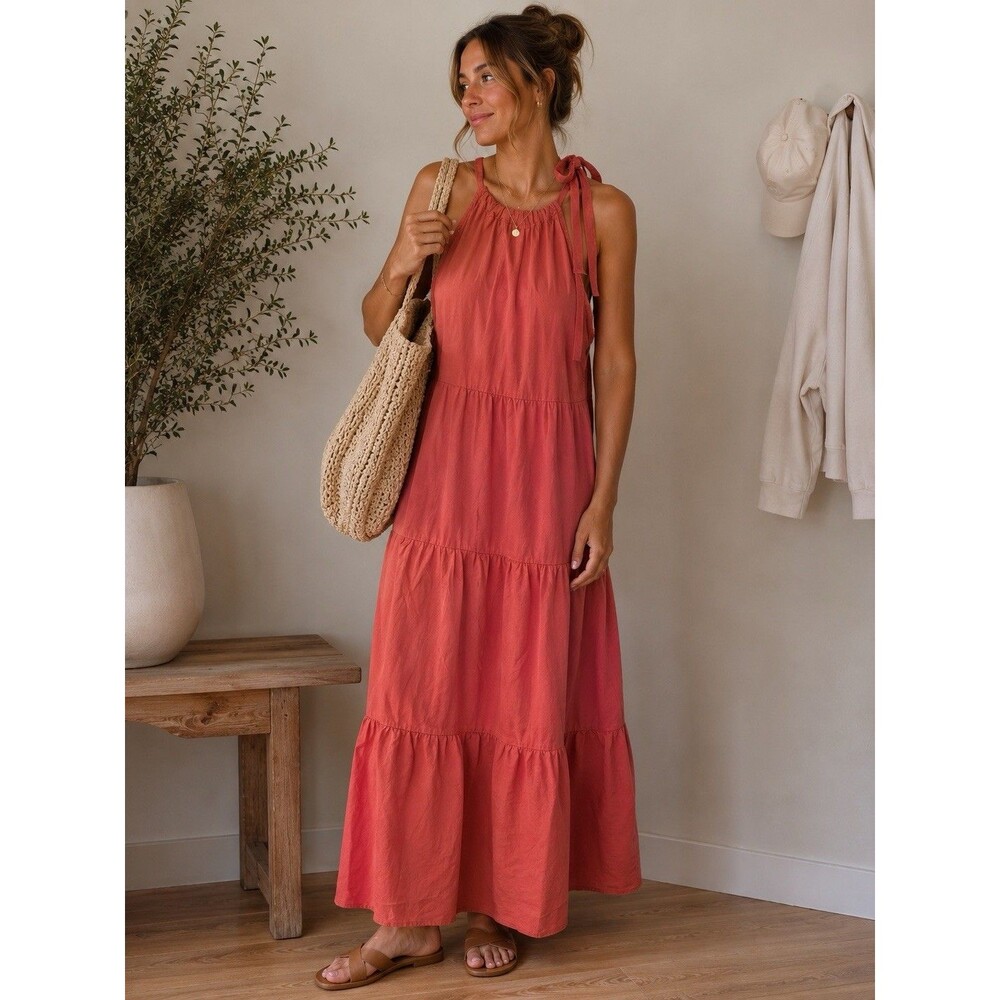 Anthropologie Cloth & Stone Tiered Midi Dress Small Coral Sleeveless Tie Neck